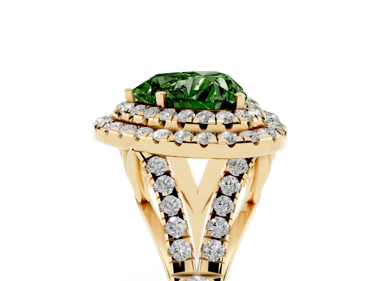 Fancy Green Double Halo Heart Cut Diamond Split Shank Engagement Ring with Four-Prong Setting Yellow gold