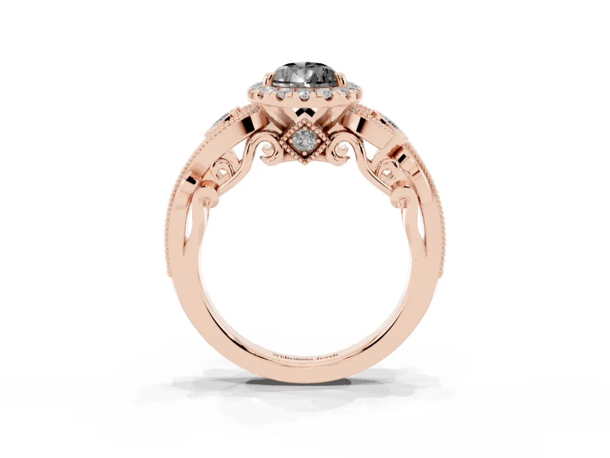 Fancy Black Pear Cut Halo Diamond Ring with Milgrain and Bezel Accents on a Split Shank Band Rose gold