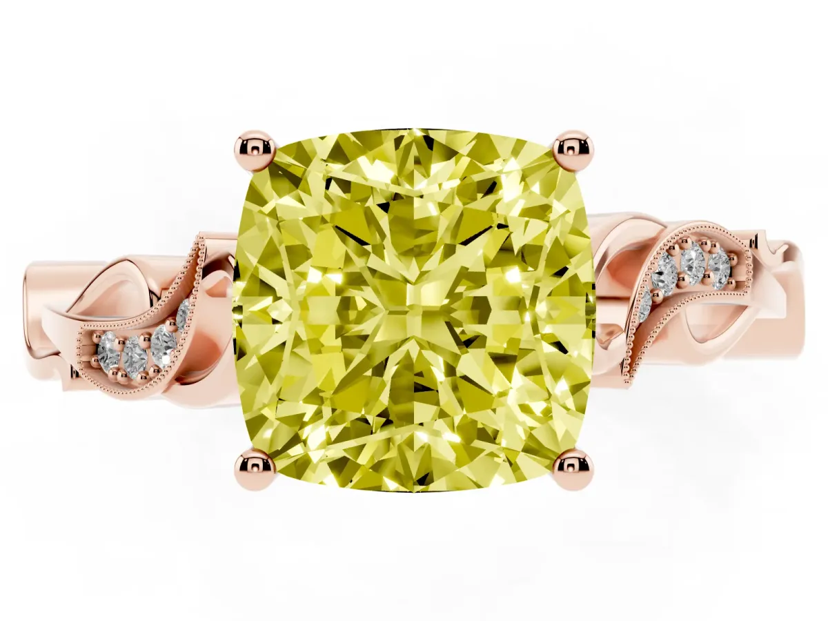Fancy Yellow Cushion Cut Solitaire Vine Band with Milgrain Prong Setting Rose gold