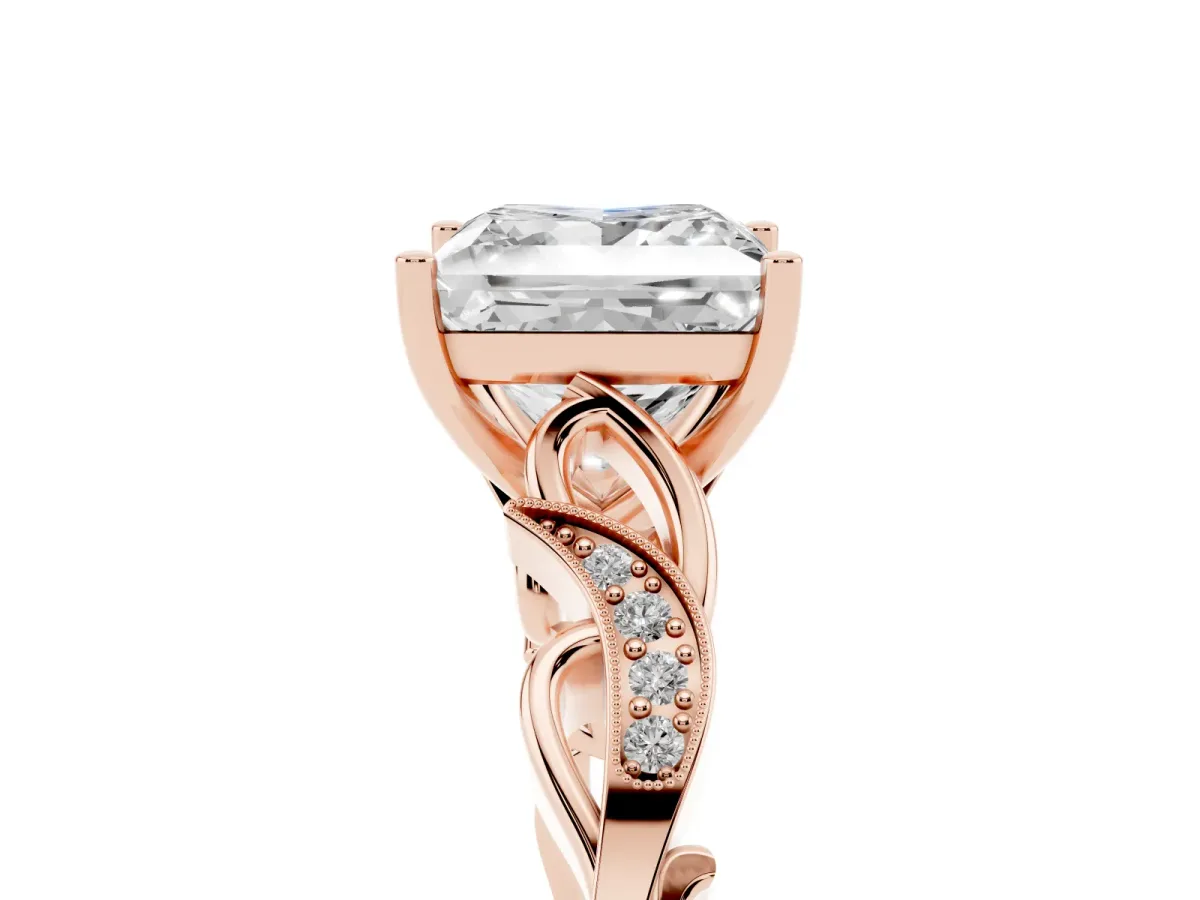 Princess Cut Solitaire Vine Band with Milgrain Prong Setting Rose gold
