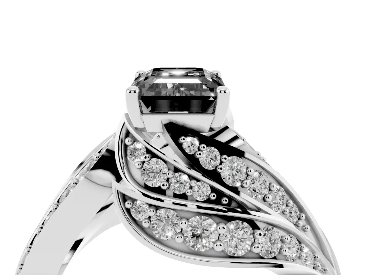 Fancy Black Emerald Cut Diamond Solitaire Ring with Prong Setting and Twisted Pavé Band Silver