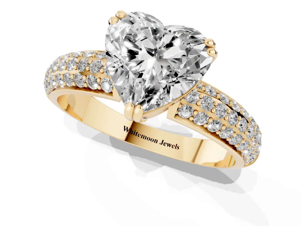 Heart Cut Diamond Solitaire Ring with Multi-Row Round Pavé Band and Prong Setting Yellow gold