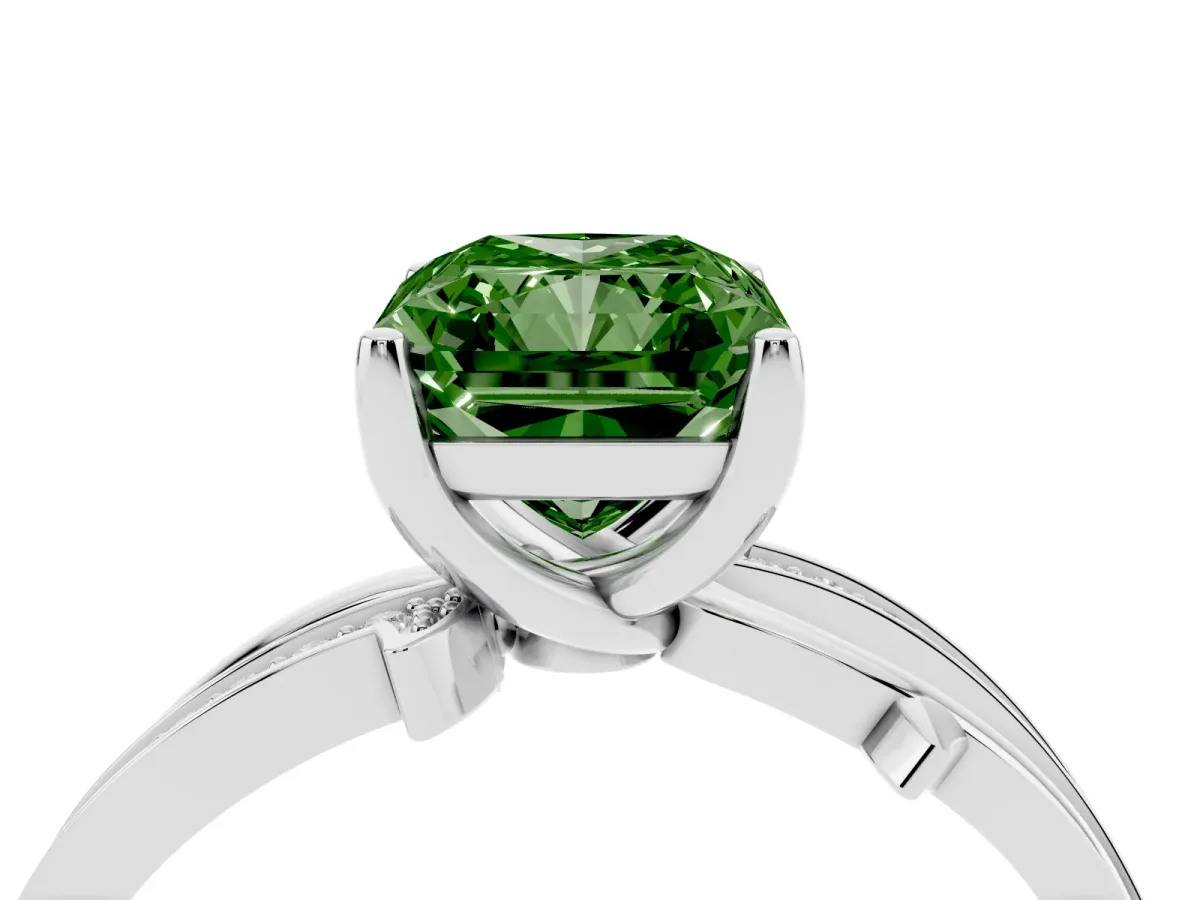 Fancy Green Radiant Cut Solitaire Twist Band with Pavé Accents and Four-Prong Setting White gold