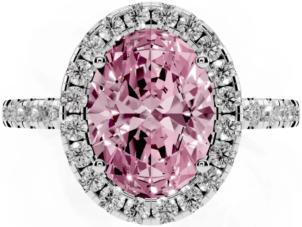 Fancy Pink Oval Cut Halo Diamond Engagement Ring with Pavé Band and Four-Prong Setting Platinum