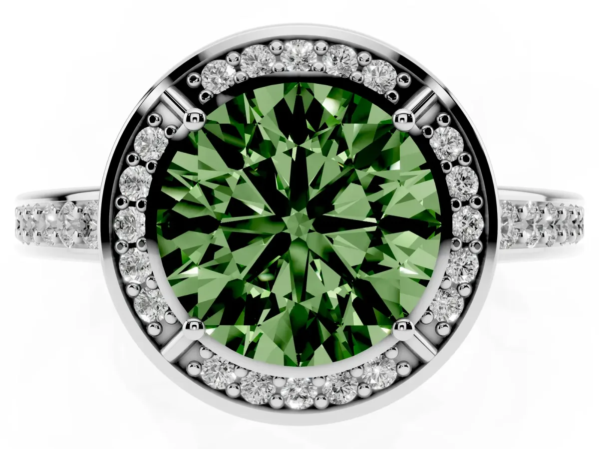 Fancy Green Round Cut Cut Halo Pave Split Shank Prong Setting Ring Silver