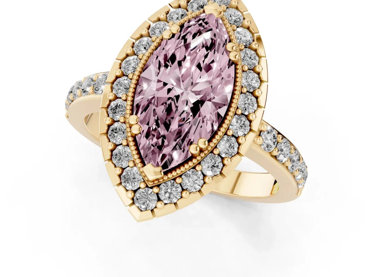 Fancy Pink Marquise Cut Diamond Halo Ring with Pavé Band and Prong Setting Yellow gold