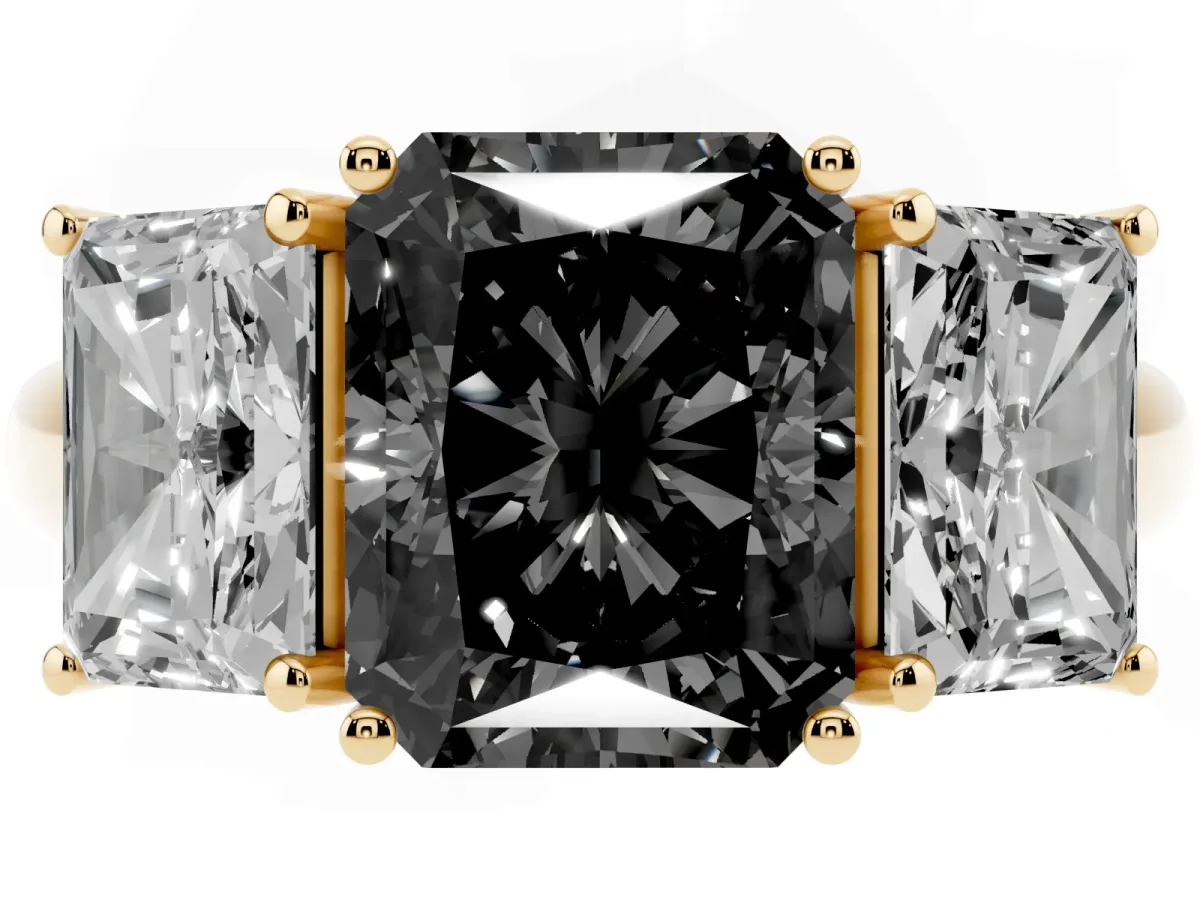Fancy Black Three-Stone Radiant Cut Diamond Engagement Ring with Prong Setting Yellow gold