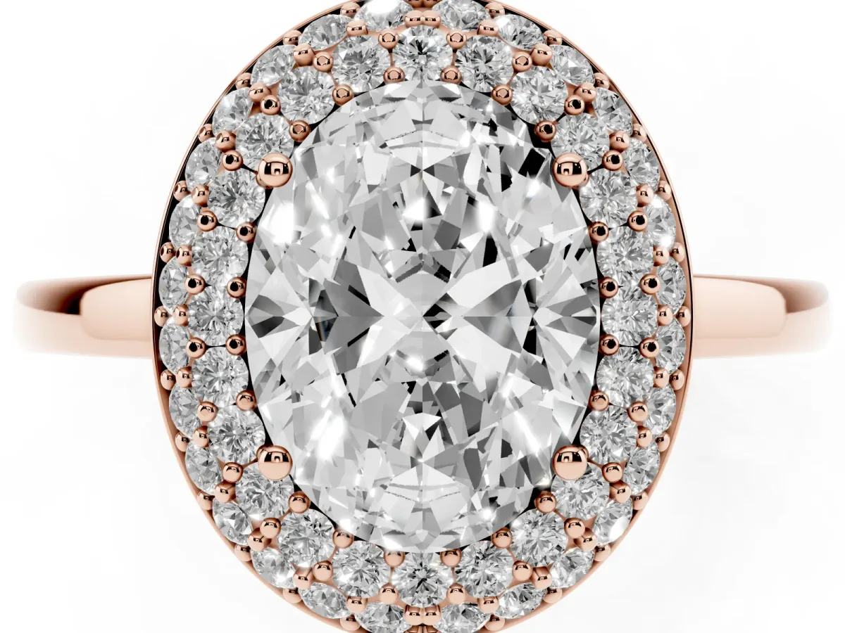 Oval Cut Halo Diamond Engagement Ring with Solitaire Band and Four-Prong Setting Rose gold