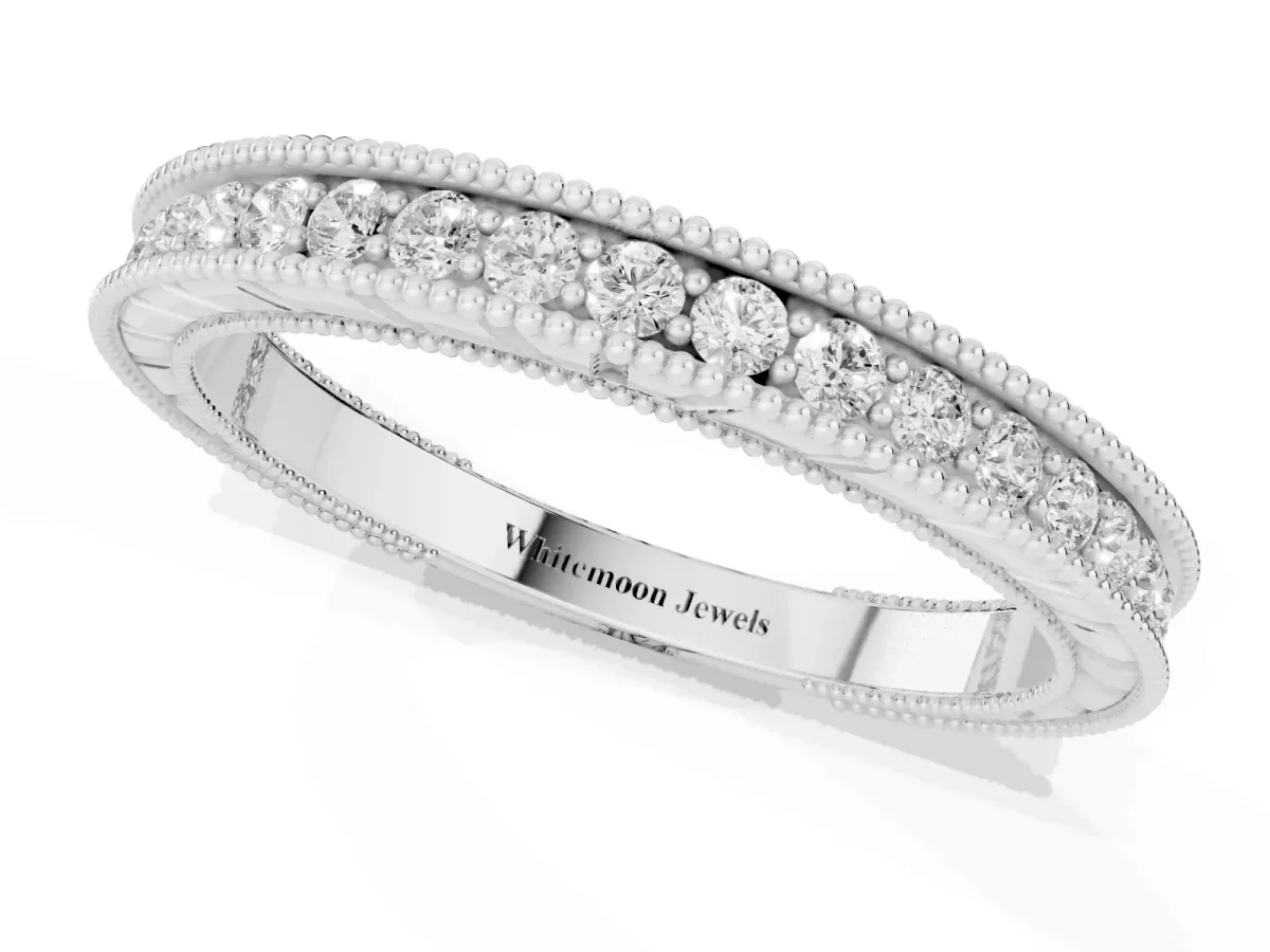 Round Cut Diamond Milgrain Eternity Band with Channel Setting Silver