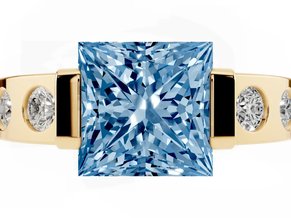 Fancy Blue Princess Cut Brilliant Channel-Set Diamond Ring with Bezel Prong Setting Yellow gold