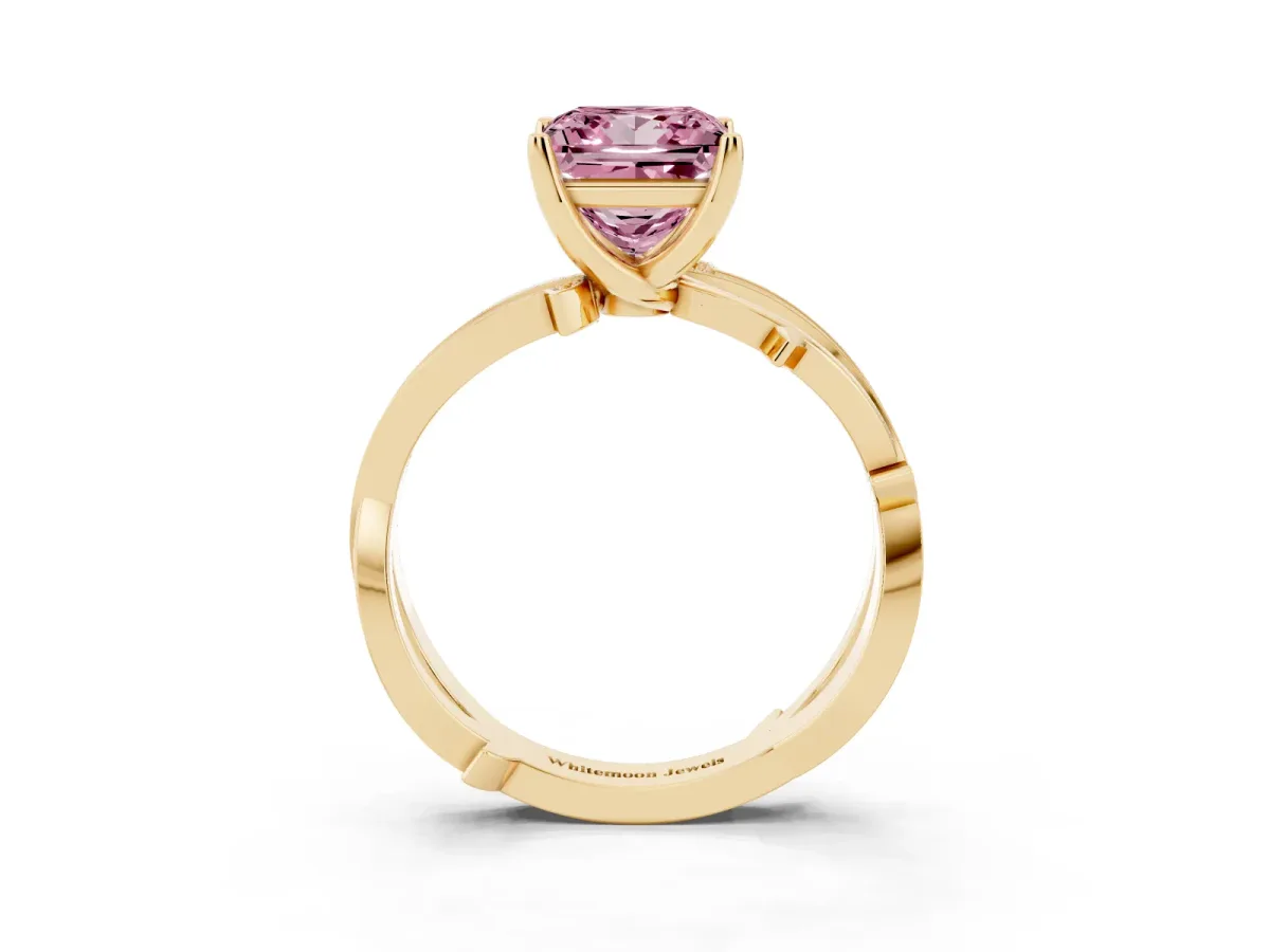 Fancy Pink Princess Cut Solitaire Twist Band with Pavé Accents and Four-Prong Setting Yellow gold