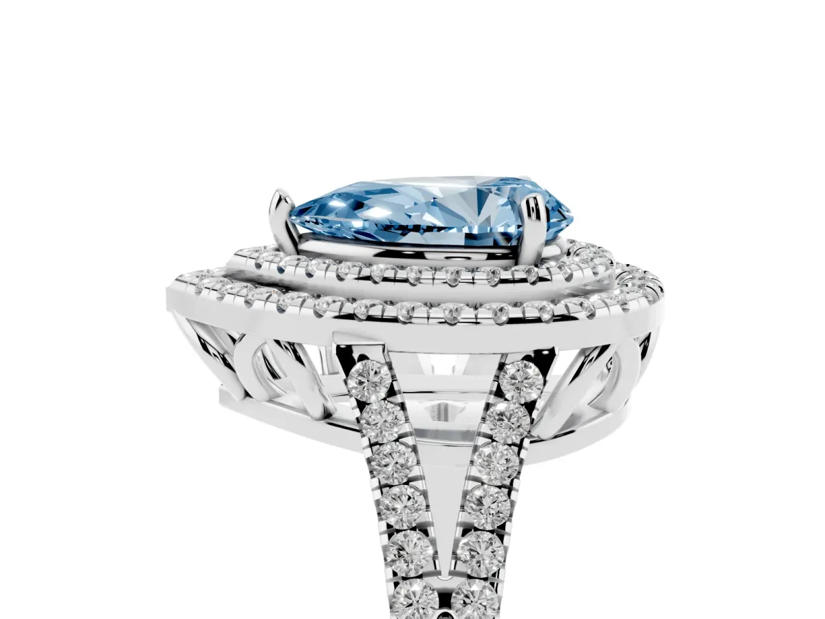 Fancy Blue Pear Cut Diamond Double Halo Ring with Pavé Band and Prong Setting Silver