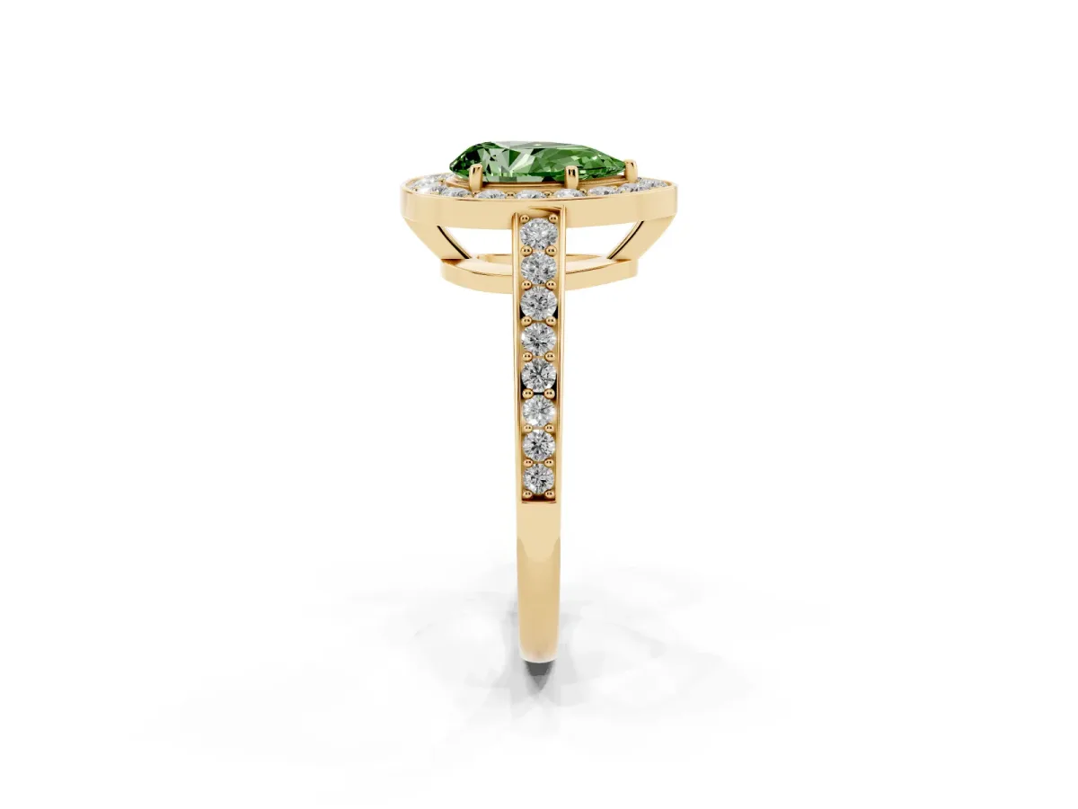 Fancy Green Pear Cut Halo Pavé Diamond Engagement Ring with Bezel Setting Yellow gold