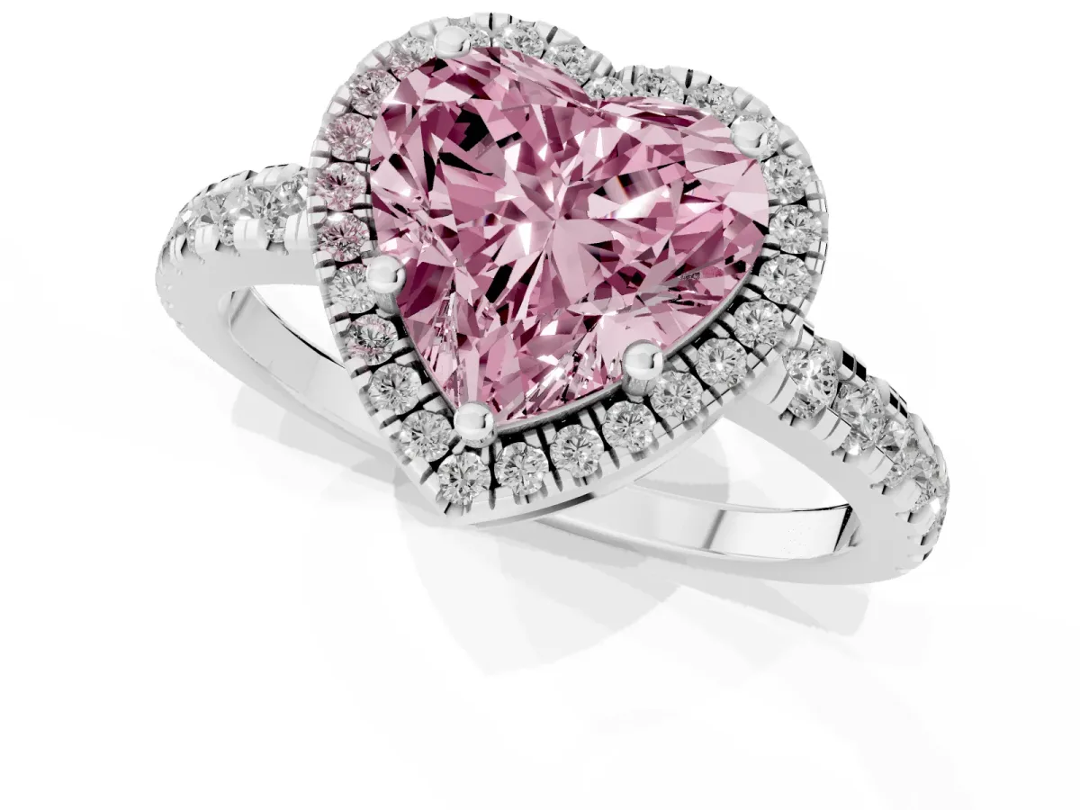Fancy Pink Heart Cut Diamond Halo Ring with Pavé Band and Four-Prong Setting White gold