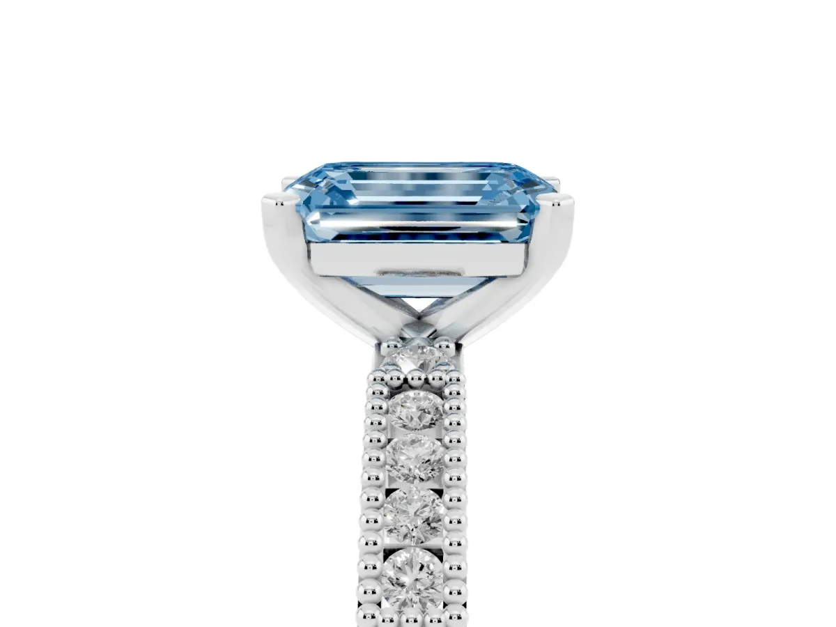 Fancy Blue Emerald Cut Solitaire with Pavé Band and Four-Prong Setting Silver
