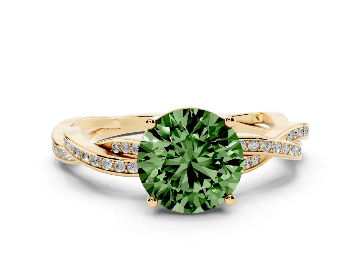 Fancy Green Round Cut Solitaire Twisted Pave Diamond Ring with Four-Prong Setting Yellow gold