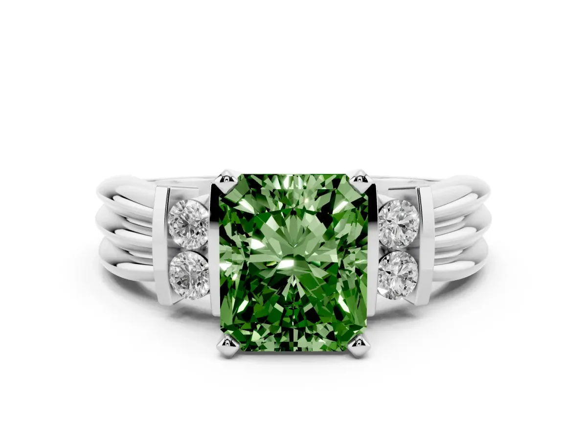 Fancy Green Radiant Cut Cut Three-Stone Channel Set Ring with Bar Prongs Silver
