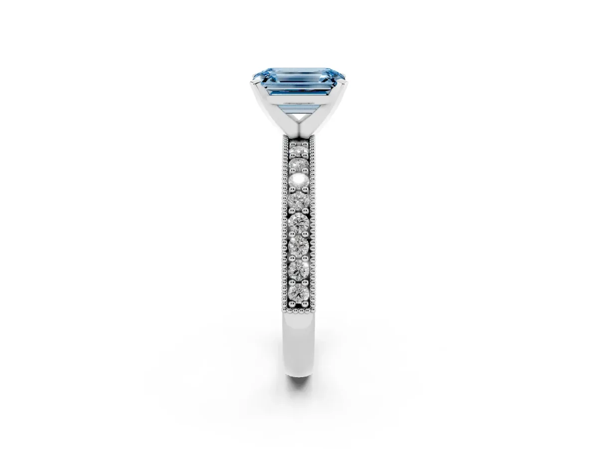 Fancy Blue Emerald Cut Diamond Milgrain Pavé Engagement Ring with Four-Prong Setting Silver