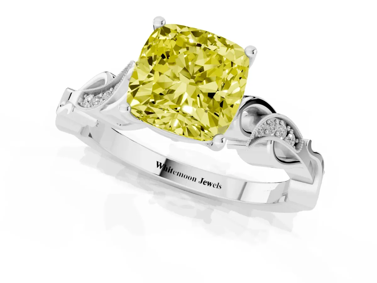 Fancy Yellow Cushion Cut Solitaire Vine Band with Milgrain Prong Setting Silver