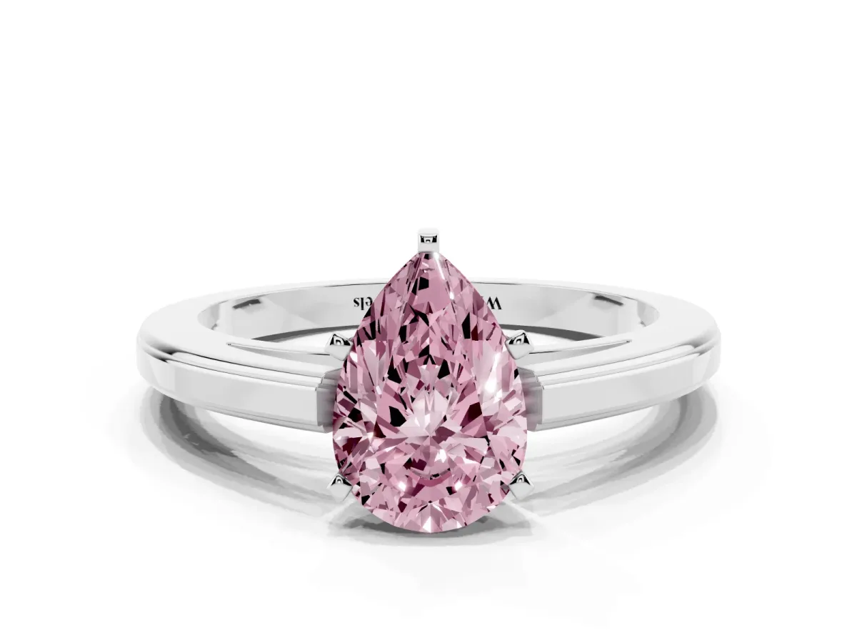 Fancy Pink Pear Cut Solitaire Diamond Ring with Four-Prong Setting and Classic Band Platinum
