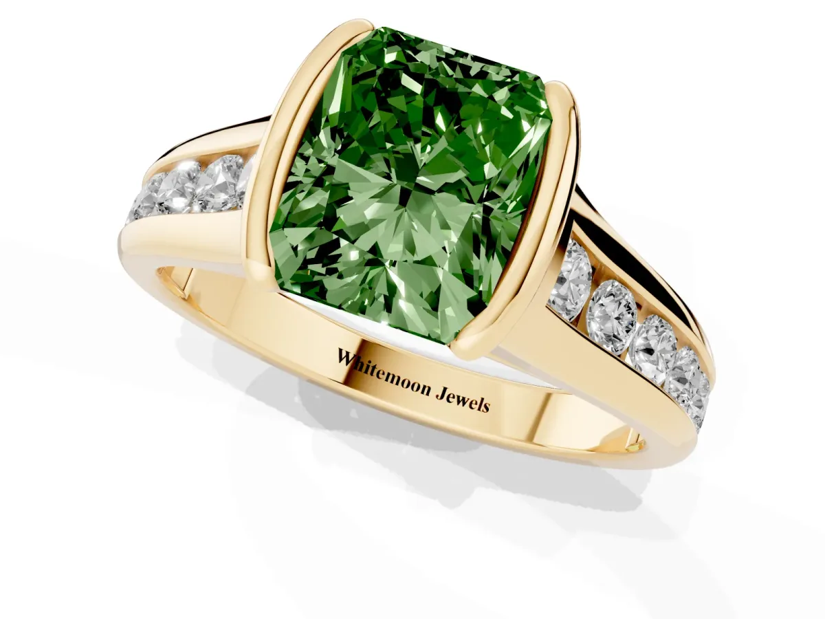 Fancy Green Radiant Cut Solitaire Bezel-Set Diamond Ring with Channel-Set Band Yellow gold