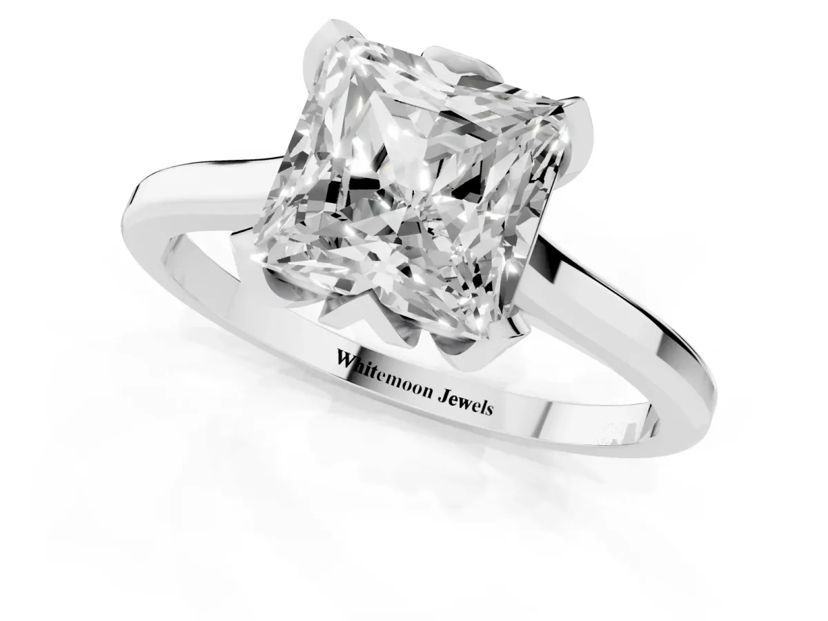 Princess Cut Diamond Solitaire Ring with Flower Prong Setting and Classic Band Silver