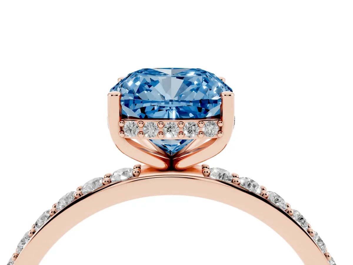Fancy Blue Cushion Cut Diamond Solitaire Ring with Pavé Band and Hidden Halo Rose gold