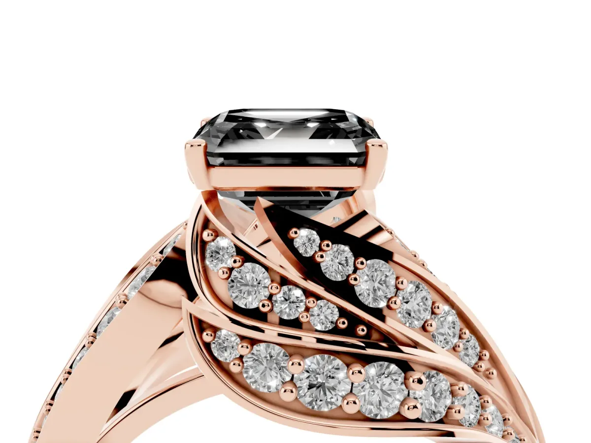 Fancy Black Asscher Cut Diamond Solitaire Ring with Prong Setting and Twisted Pavé Band Rose gold