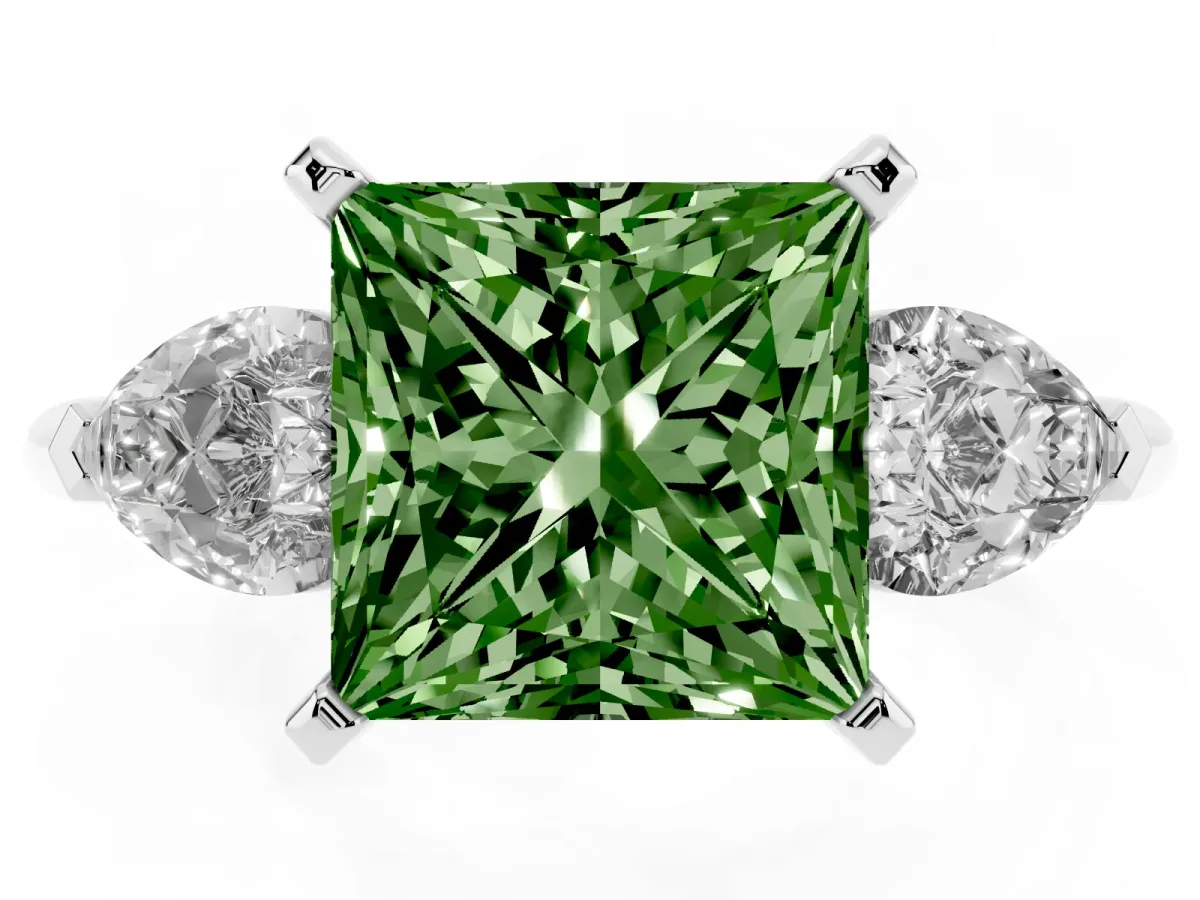 Fancy Green Three-Stone Princess Cut Diamond Ring with Pear Side Stones and Four-Prong Setting Silver