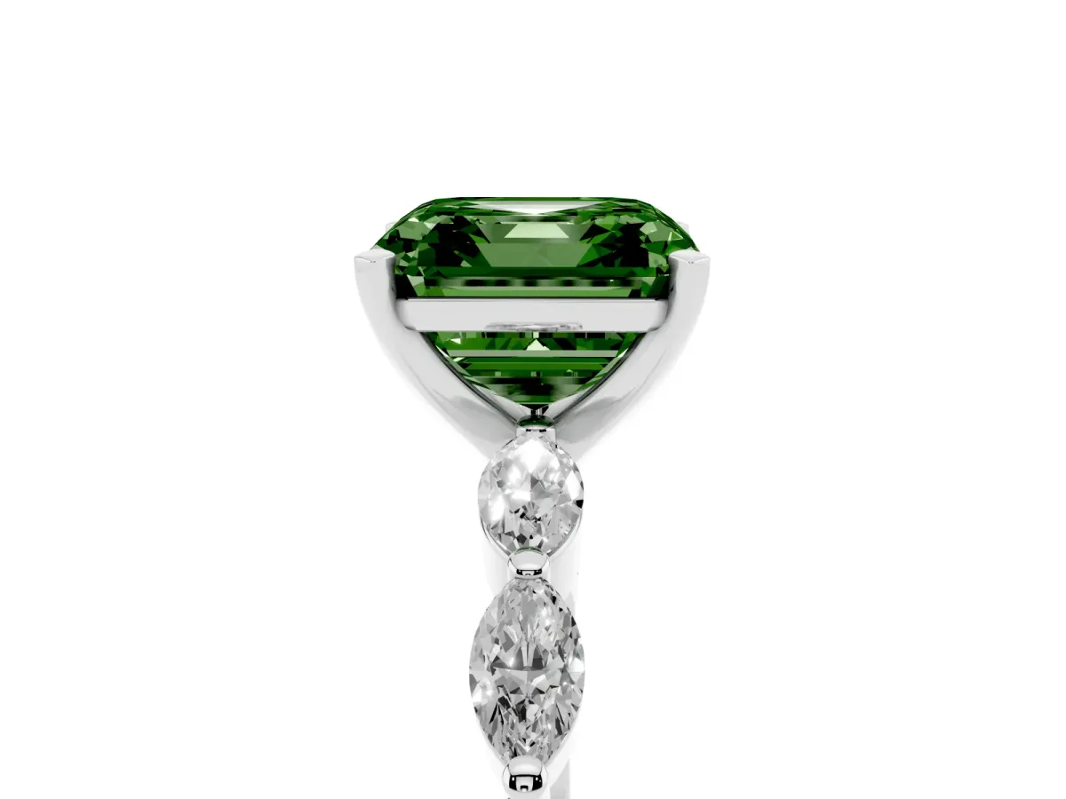 Fancy Green Asscher Cut Diamond Ring with Marquise Side Stones and Prong Setting Silver