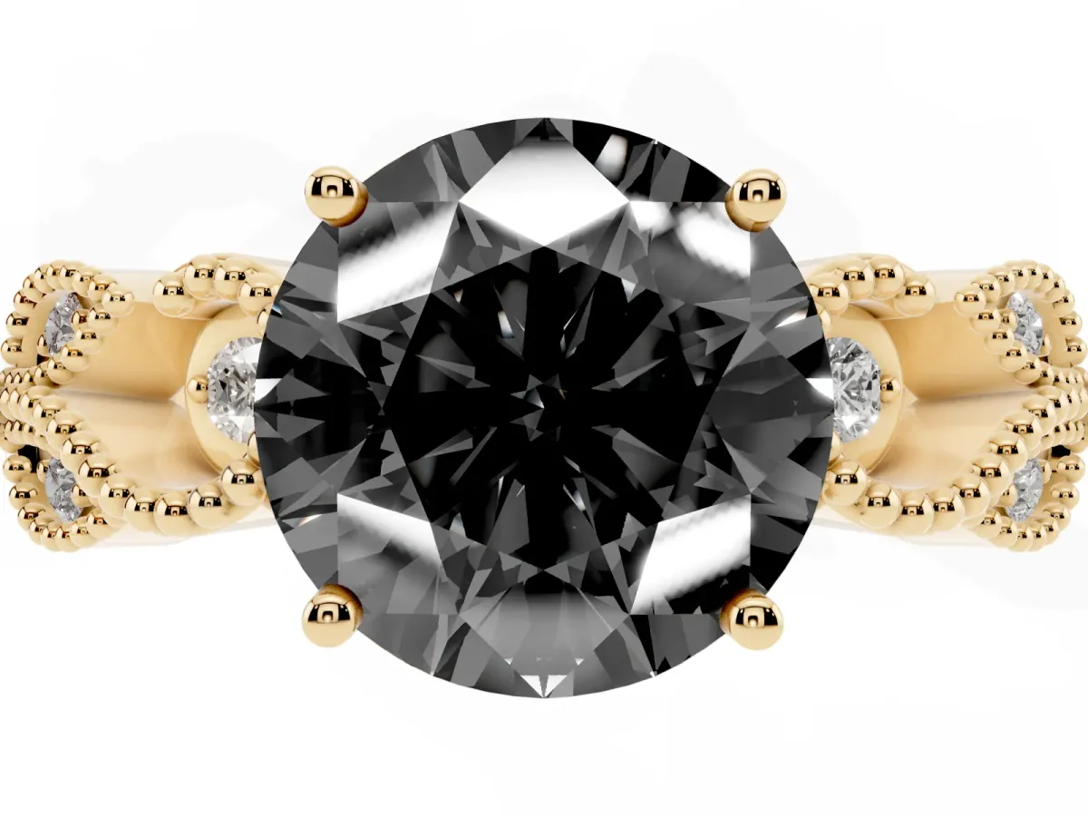 Fancy Black Round Cut Solitaire Milgrain Leaf Band with Prong Setting Yellow gold