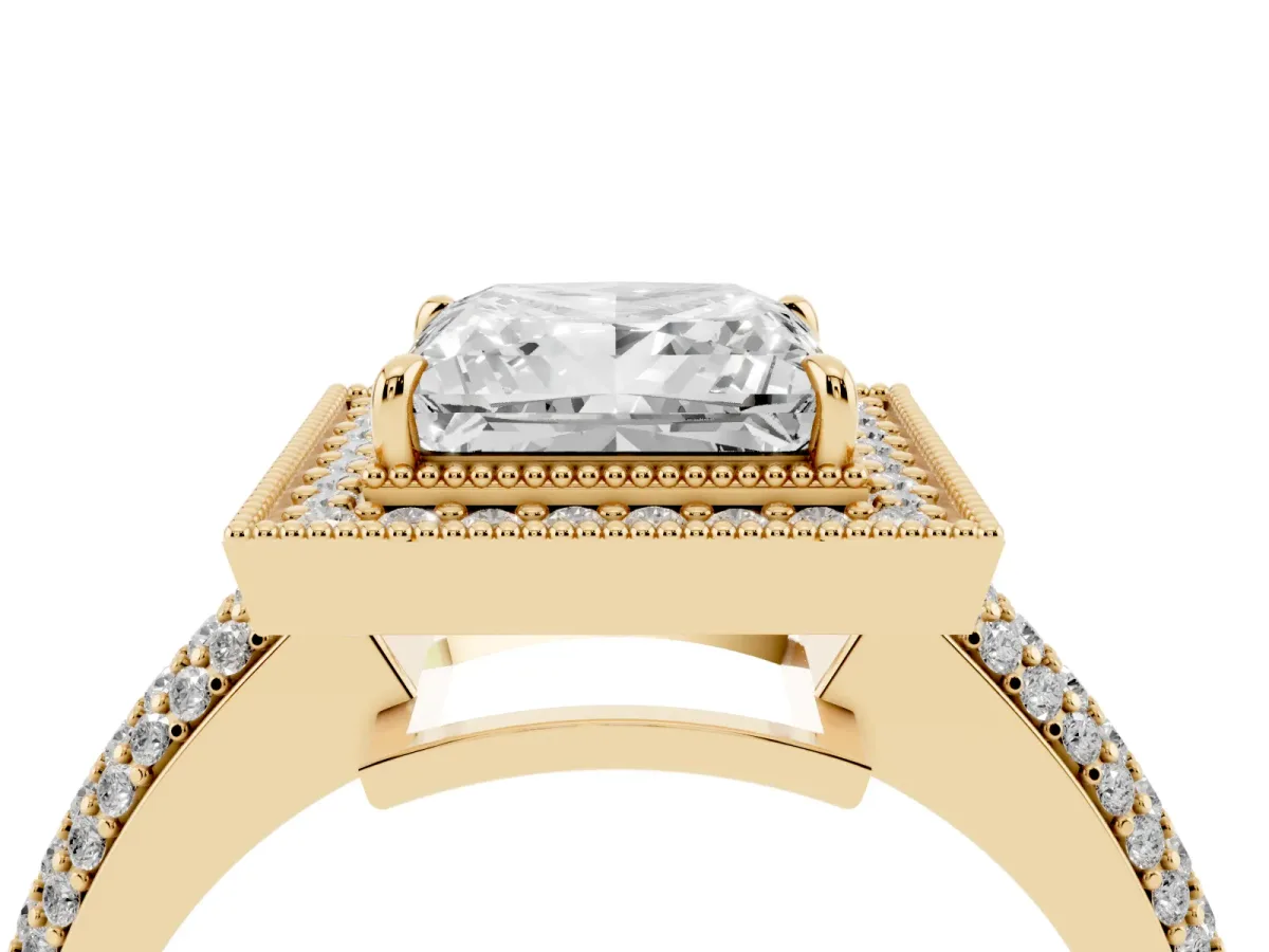 Princess Cut Cut Halo Diamond Pave Band with Four-Prong Setting Yellow gold