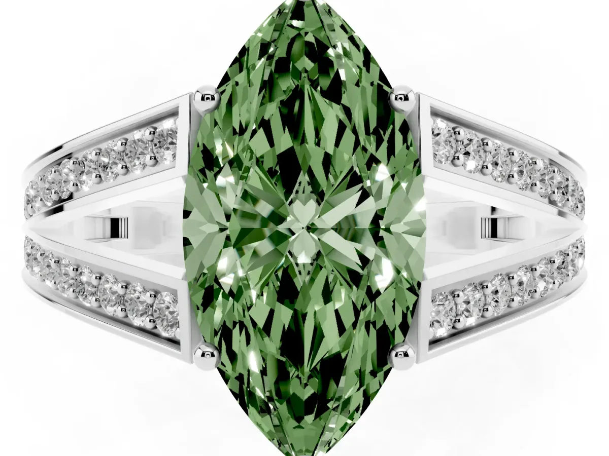 Fancy Green Marquise Cut Diamond Split Shank Ring with Pavé Band and Four-Prong Setting White gold
