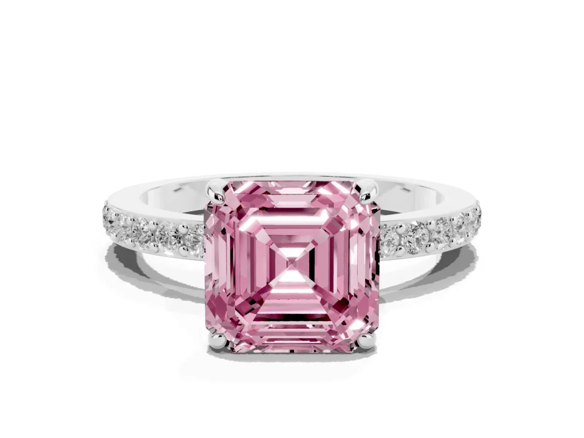 Fancy Pink Asscher Cut Diamond Pavé Engagement Ring with Round Accents and Prong Setting White gold
