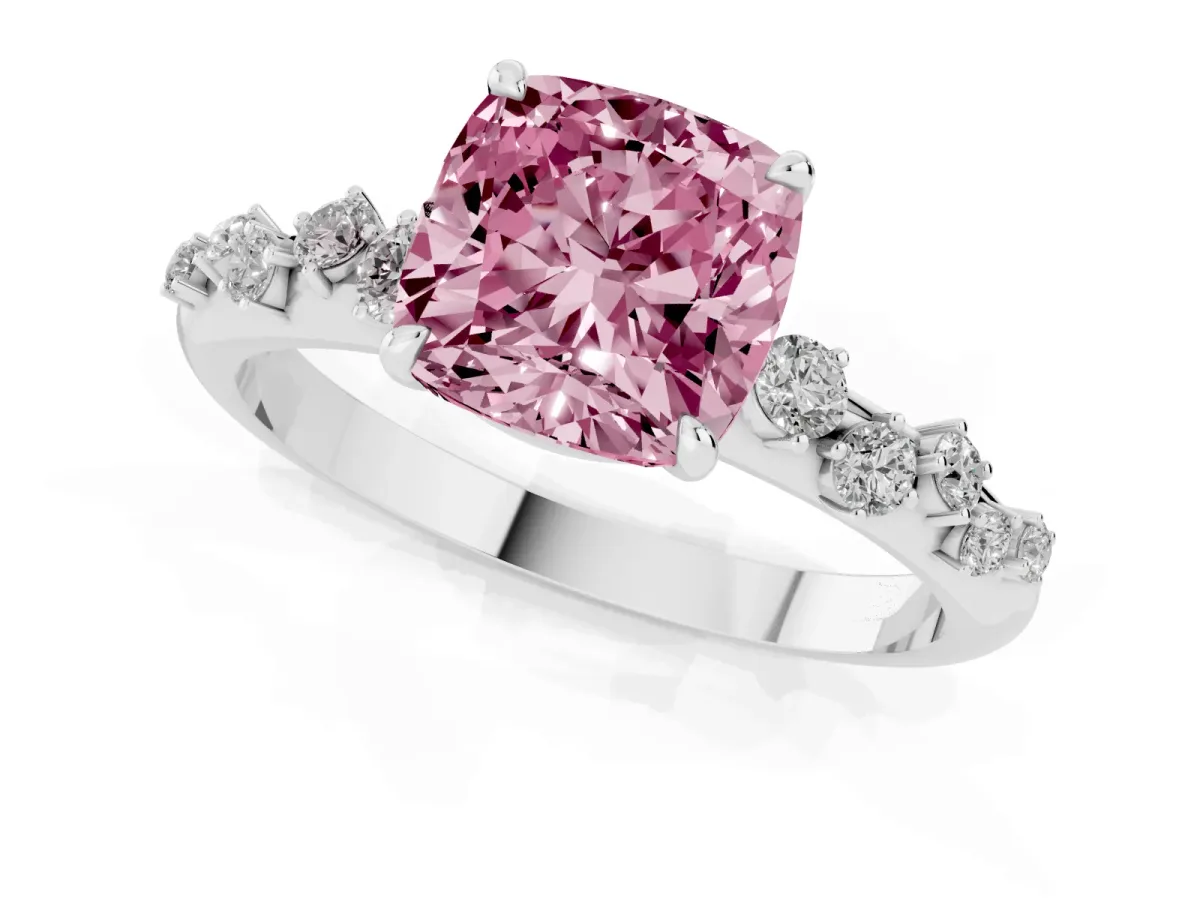 Fancy Pink Cushion Cut Diamond Cluster Prong-Set Solitaire Ring Platinum