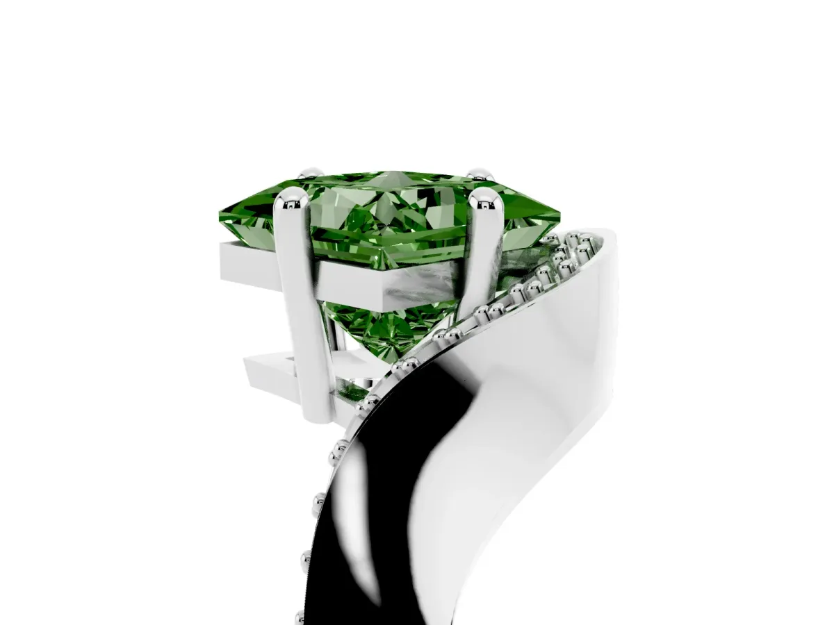 Fancy Green Princess Cut Solitaire Diamond Engagement Ring with Pave Band and Four-Prong Setting White gold