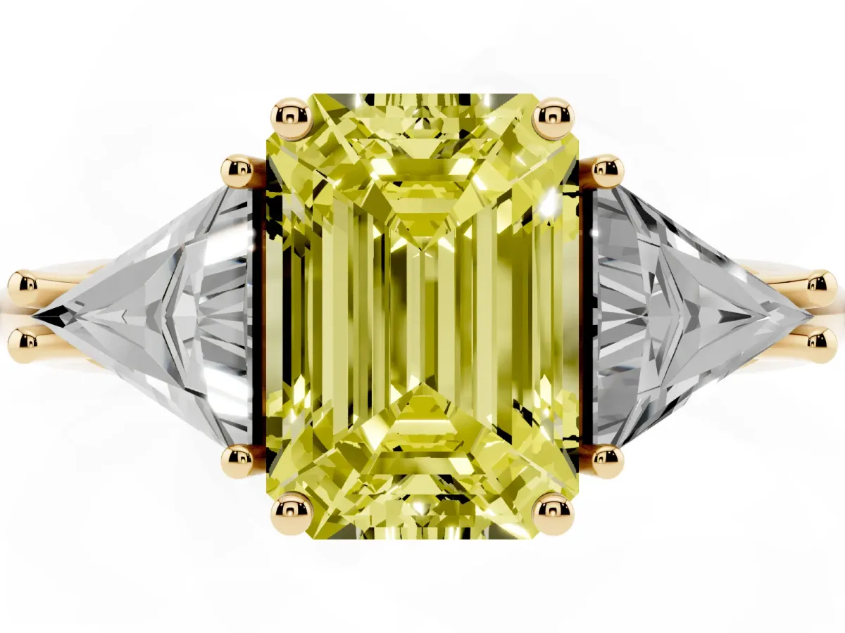 Fancy Yellow Three-Stone Emerald Cut Diamond Engagement Ring with Trillion Side Stones and Prong Setting Yellow gold