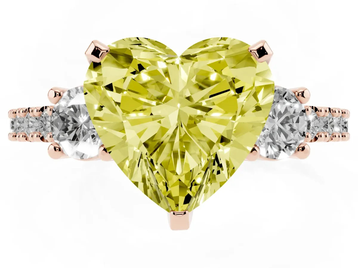 Fancy Yellow Heart Cut Three-Stone Diamond Pavé Band with Prong Setting Rose gold