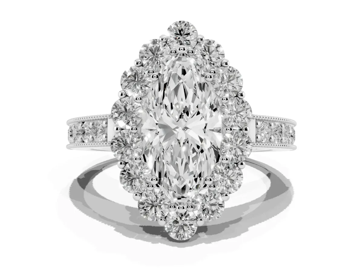 Marquise Cut Cut Halo Diamond Pavé Engagement Ring with Milgrain Detailing White gold