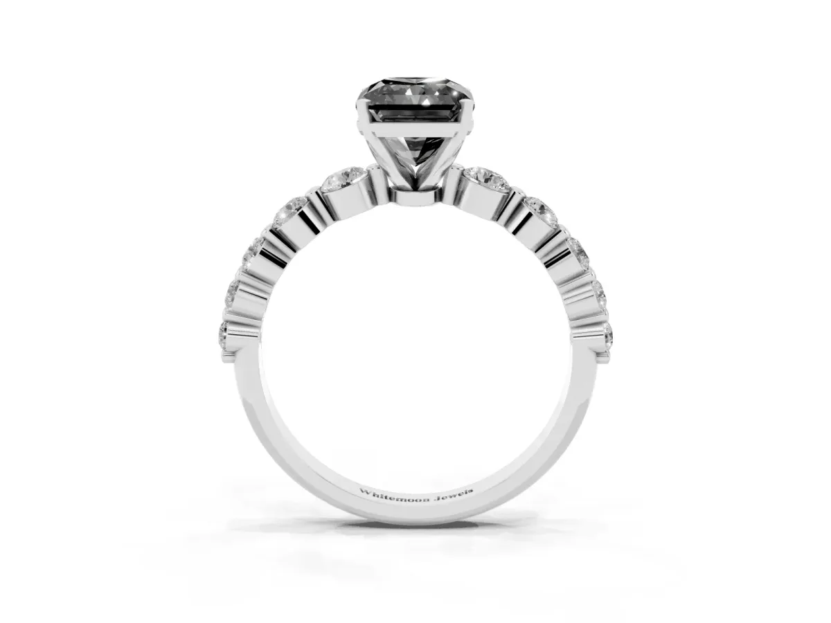 Fancy Black Radiant Cut Solitaire Diamond Ring with Pave Band and Four-Prong Setting Silver