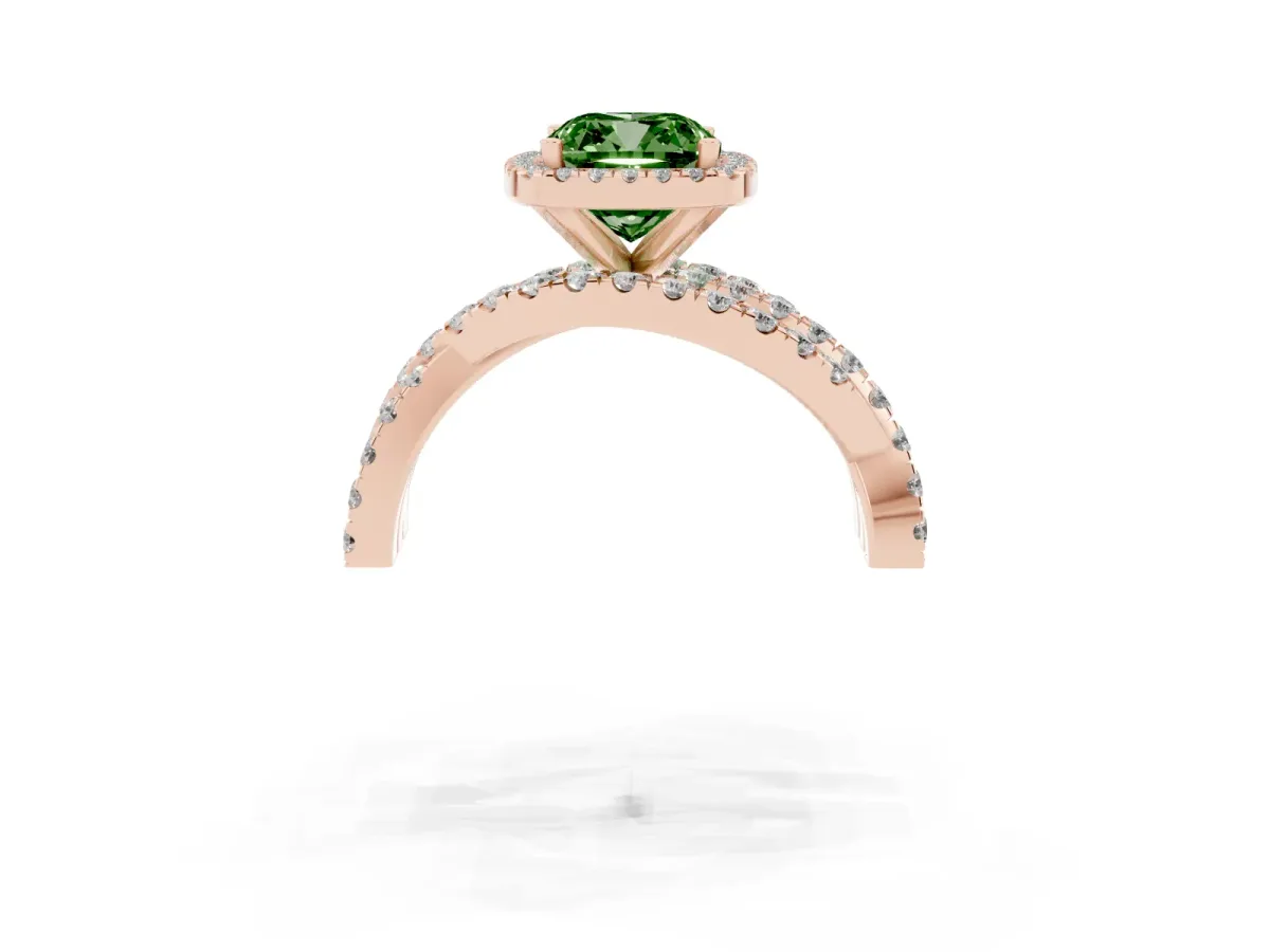 Fancy Green Cushion Cut Diamond Halo Ring with Round Split Shank and Prong Setting Rose gold