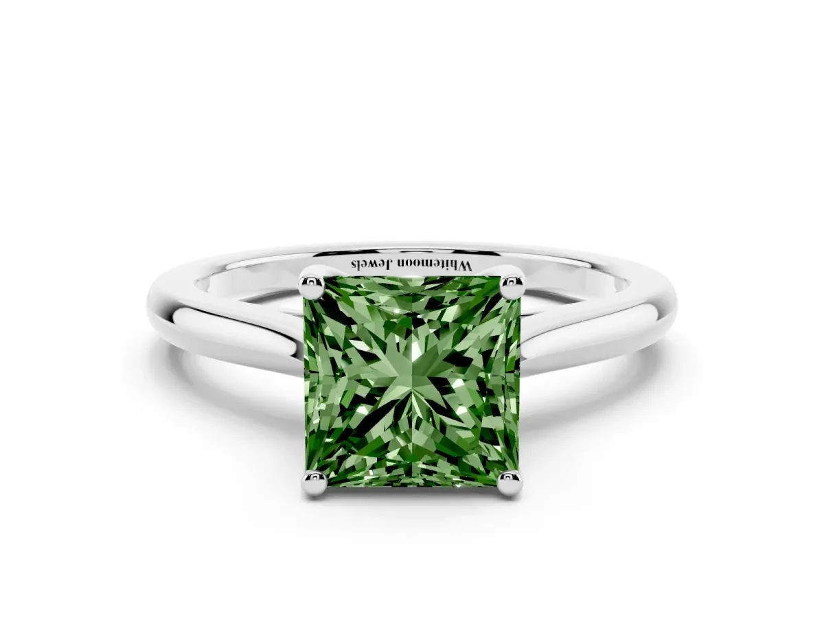 Fancy Green Princess Cut Cut Solitaire Ring with Cathedral Band and Four-Prong Setting Silver