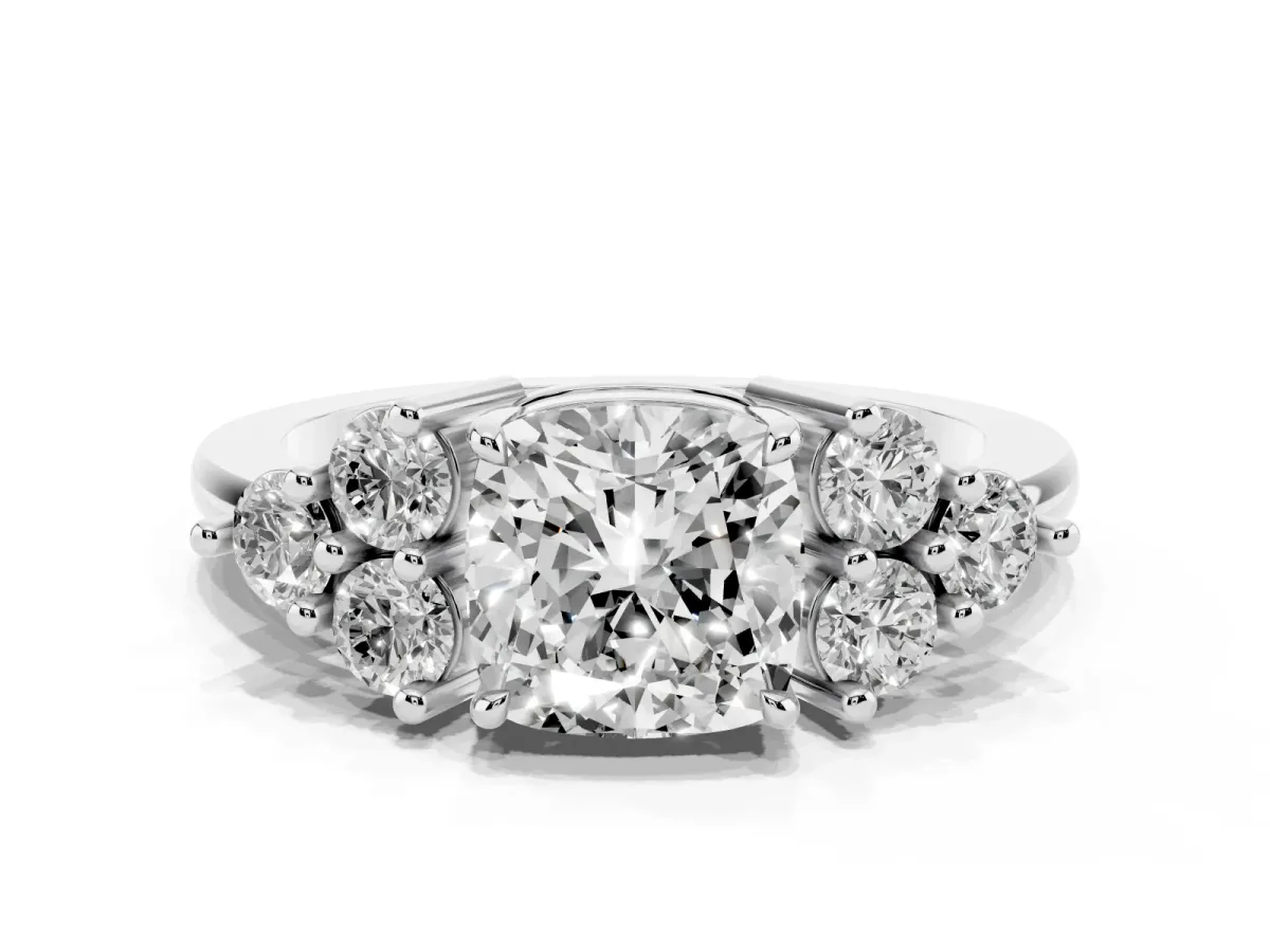Cushion Cut Brilliant Diamond Cluster Accent Solitaire Ring with Prong Setting White gold