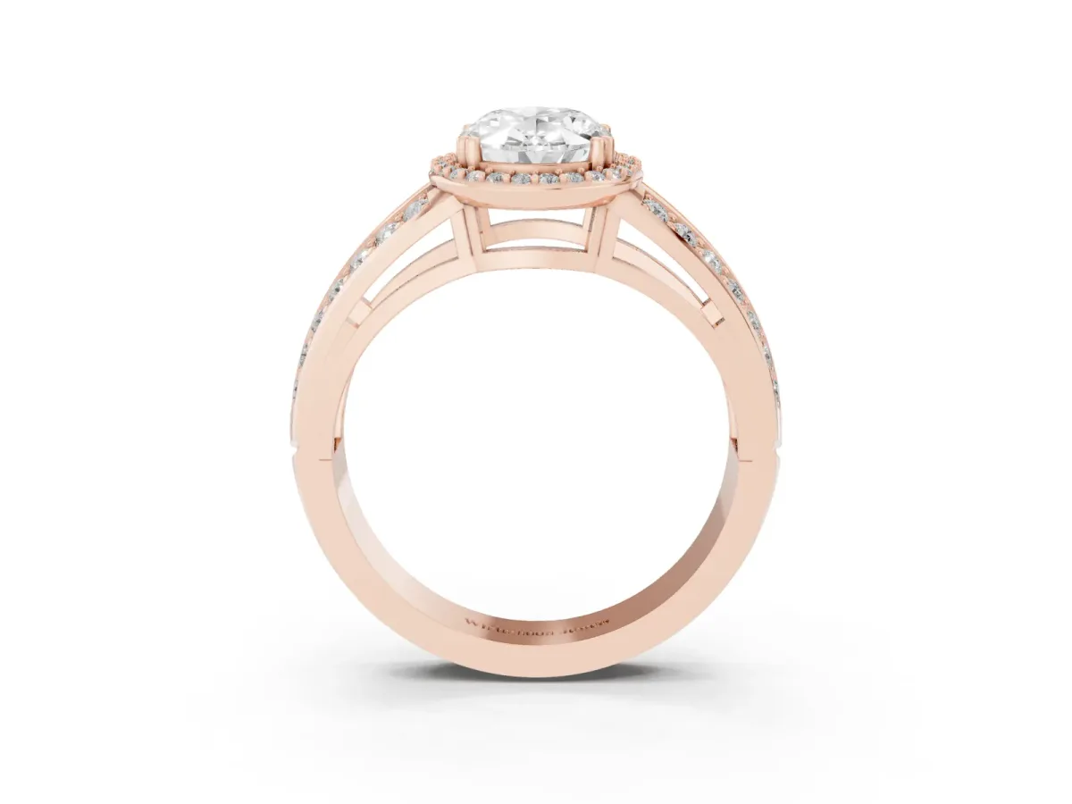 Oval Cut Diamond Halo Ring with Split Shank Pavé Band and Four-Prong Setting Rose gold