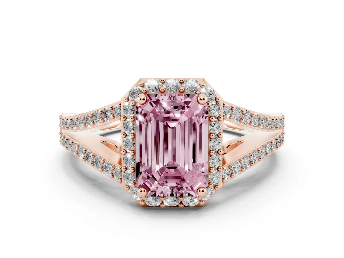 Fancy Pink Emerald Cut Halo Split Shank Pave Diamond Ring with Four-Prong Setting Rose gold