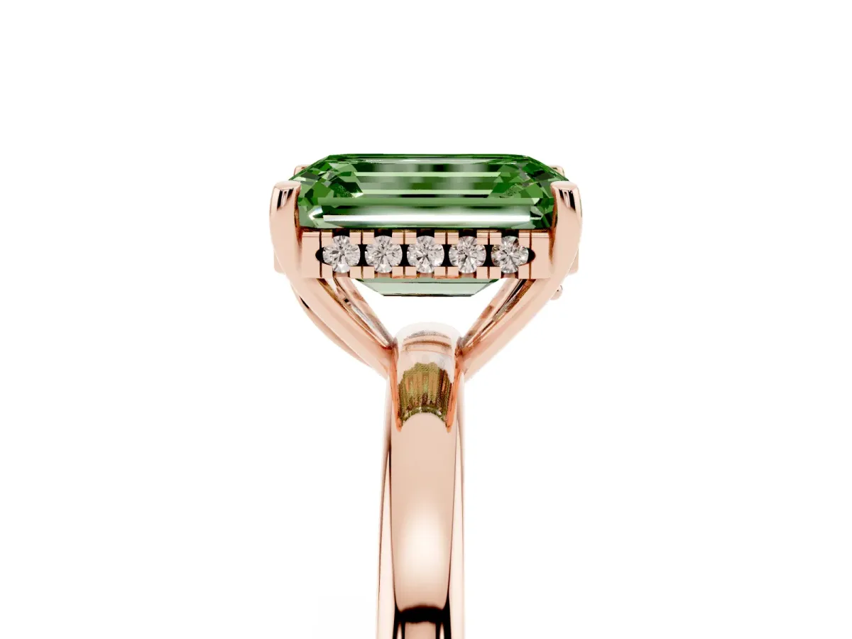 Fancy Green Emerald Cut Solitaire Diamond Ring with Prong Setting and Plain Band Rose gold