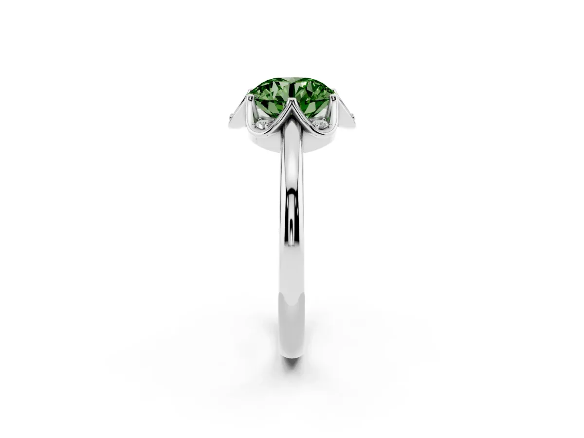 Fancy Green Round Cut Halo Diamond Ring with Round Cluster Setting, Solitaire Band, and Four-Prong Setting Silver
