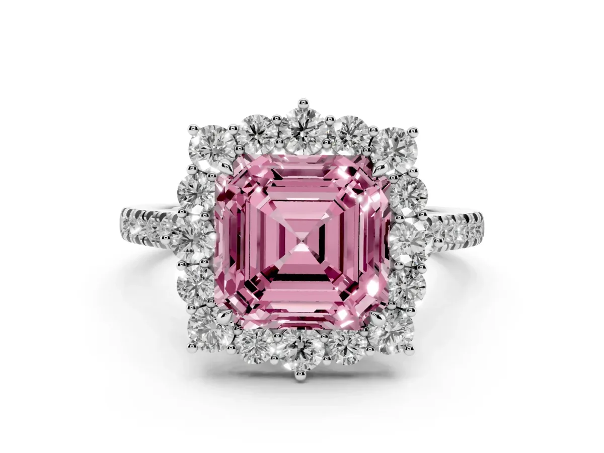 Fancy Pink Asscher Cut Halo Diamond Ring with Pavé Band and Prong Setting Silver