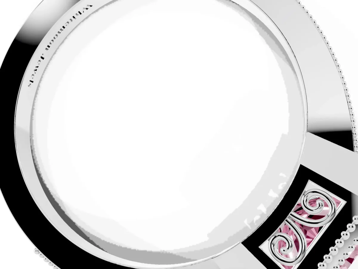 Fancy Pink Radiant Cut Cut Halo Diamond Ring with Pavé Band and Milgrain Prong Setting Platinum