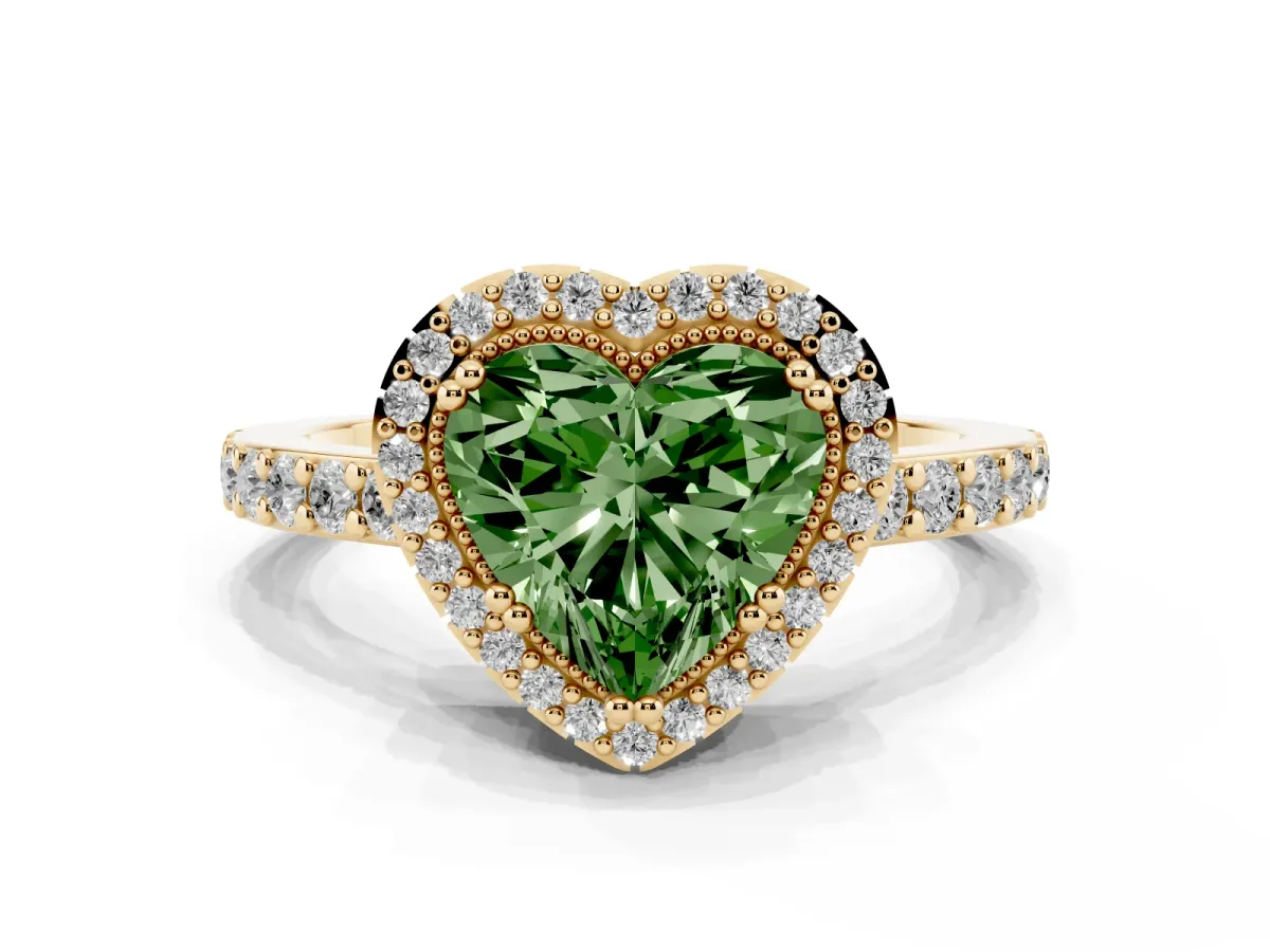 Fancy Green Heart Cut Cut Diamond Halo Engagement Ring with Milgrain Detail and Pavé Band Yellow gold
